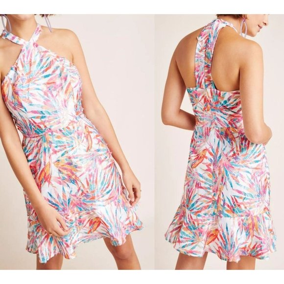 Hutch Anthropologie Women's Maui Halter Dress Colorful Palm Leaf Feather Size 10 - Picture 1 of 13
